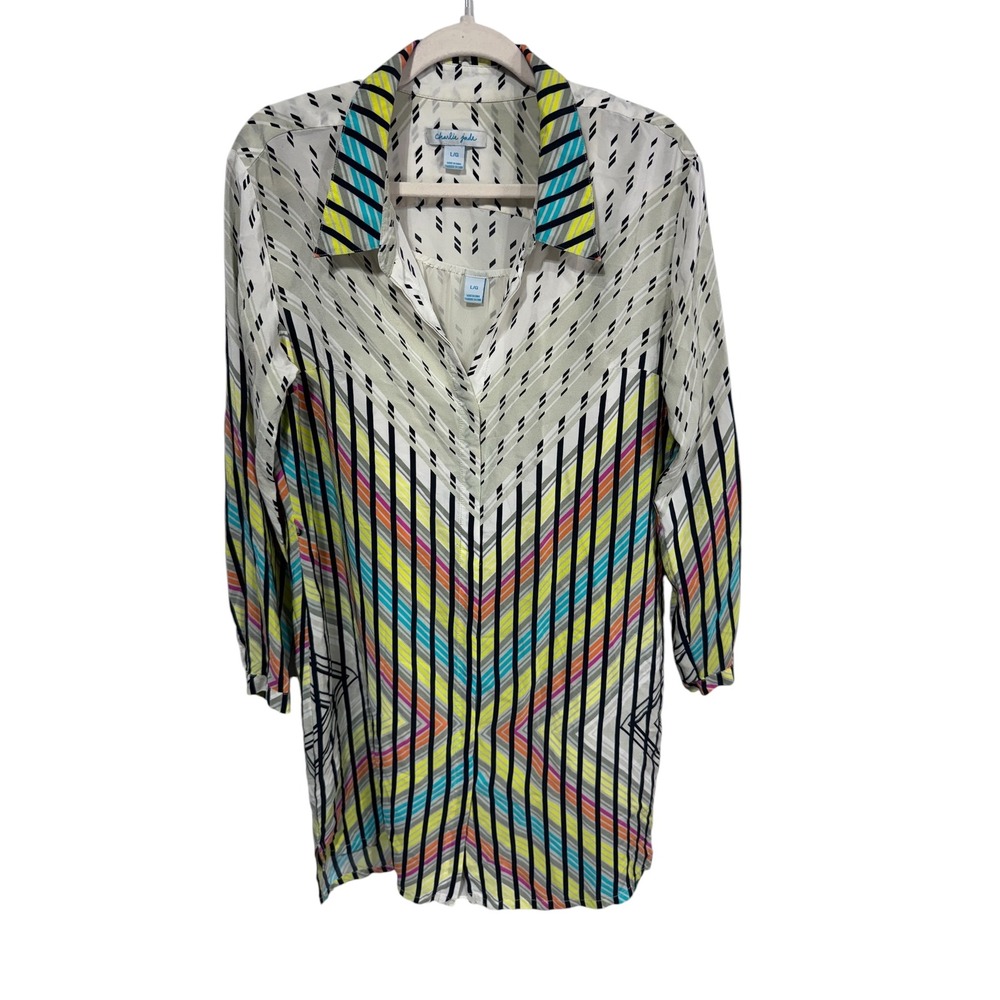 Y2K Charlie Jade Silk Large Multicolor Shirt Dress Retro Geometric Mini w/ Slip